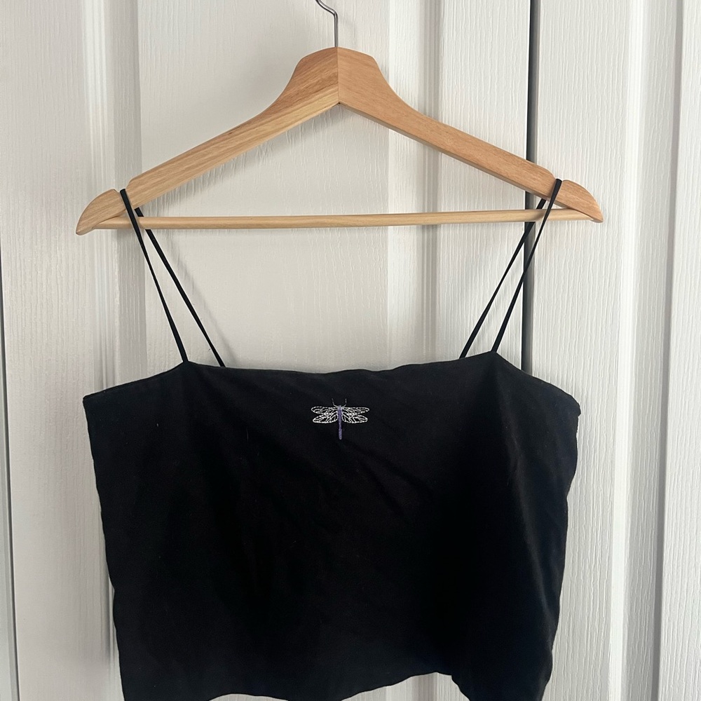 American Eagle Embroidered Dragonfly Black Spaghetti Strap Top